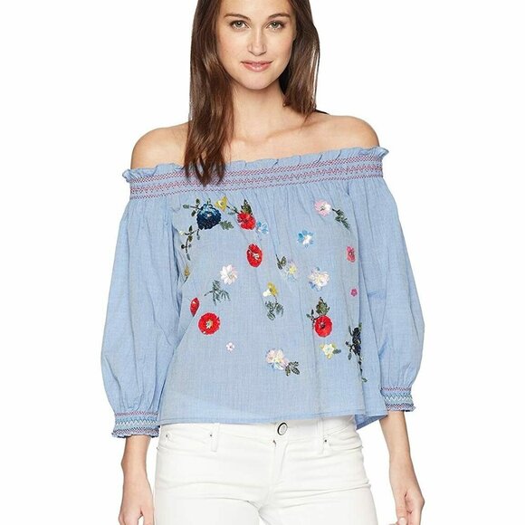 Joie Tops - NWT Joie Off-the-Shoulder Floral Embroidered Chambray Top Blue Blouse Size XS